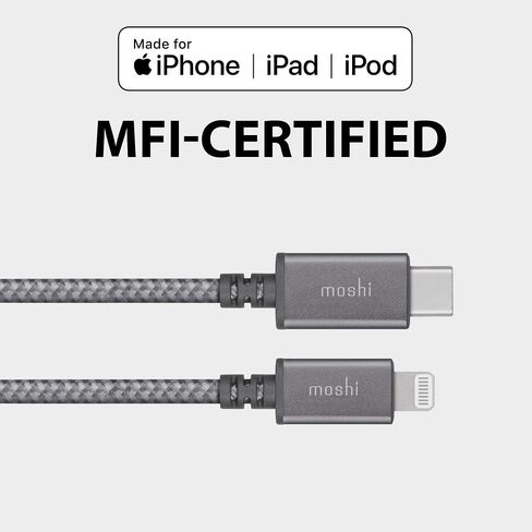 كابل Moshi Integra USB C إلى Lightning بطول 4 أقدام/1.2 متر، معتمد من Mfi، توصيل الطاقة، شحن سريع 30 وات، [مضفر من النايلون الباليستي المتين] لهاتف iPhone 12/11/iPad [لاستخدام شاحن USB C]، رمادي تيتانيوم in Saudi Arabia