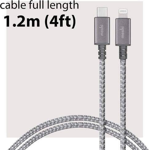 كابل Moshi Integra USB C إلى Lightning بطول 4 أقدام/1.2 متر، معتمد من Mfi، توصيل الطاقة، شحن سريع 30 وات، [مضفر من النايلون الباليستي المتين] لهاتف iPhone 12/11/iPad [لاستخدام شاحن USB C]، رمادي تيتانيوم in Saudi Arabia