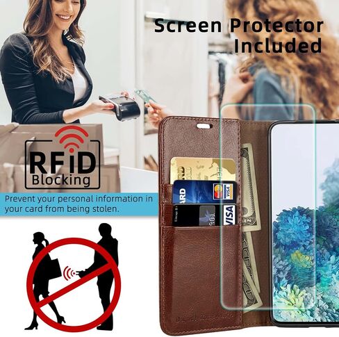 MONASAY Wallet Case Compatible for Galaxy Note 20 Ultra 5G, 6.9 inch, [Included Screen Protector][RFID Blocking] Flip Folio Leather Cell Phone Cover with Credit Card Holder, Brown in Saudi Arabia