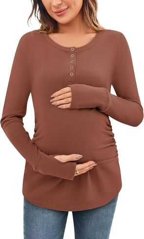 Women's Maternity Shirts Casual Long Sleeve Round Neck Button Side Ruched Pregnancy Fall Clothes S-XXL in Kuwait