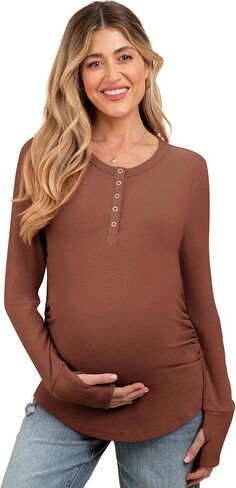 Women's Maternity Shirts Casual Long Sleeve Round Neck Button Side Ruched Pregnancy Fall Clothes S-XXL in Kuwait