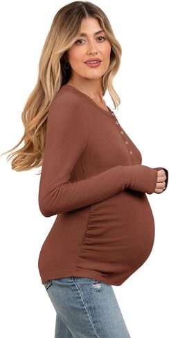 Women's Maternity Shirts Casual Long Sleeve Round Neck Button Side Ruched Pregnancy Fall Clothes S-XXL in Kuwait