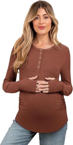 Women's Maternity Shirts Casual Long Sleeve Round Neck Button Side Ruched Pregnancy Fall Clothes S-XXL in Kuwait