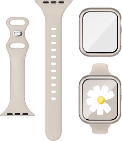 3-IN-1 for Thin Apple Watch Band 40mm 41mm 44mm 45mm with Case & Screen Protector, Slim Skinny Silicone Sport Strap and Cover with 9H Tempered Glass for iWatch Series SE SE2 9 8 7 6 5 4 for Women in Saudi Arabia