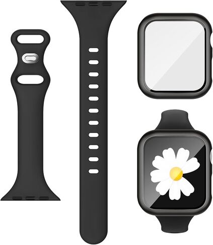 3-IN-1 for Thin Apple Watch Band 40mm 41mm 44mm 45mm with Case & Screen Protector, Slim Skinny Silicone Sport Strap and Cover with 9H Tempered Glass for iWatch Series SE SE2 9 8 7 6 5 4 for Women in Kuwait