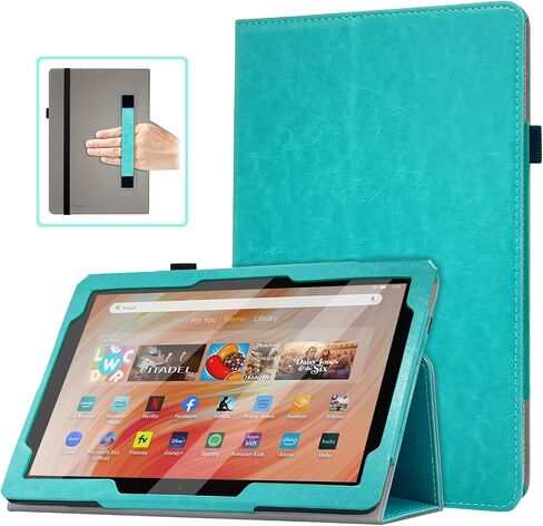 RSAquar Tablet Case Compatible with All-New Amazon Fire HD 10, 13th Generation (2023) and 11th (2021) 10.1" Cover with Auto Sleep Wake, Folding Stand, Hand Strap, Slim PU Protector, Sky Blue in Saudi Arabia
