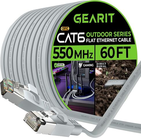 كابل إيثرنت مسطح خارجي من GearIT Cat 6 (60 قدمًا، رمادي) سترة LLDPE مُصنفة للدفن المباشر - داخلي Cat6 محمي FTP بسرعة 10 جيجابت في الثانية شبكة كمبيوتر ألعاب عالية السرعة RJ45 سلك توصيل بدون تشابك للإنترنت in Saudi Arabia