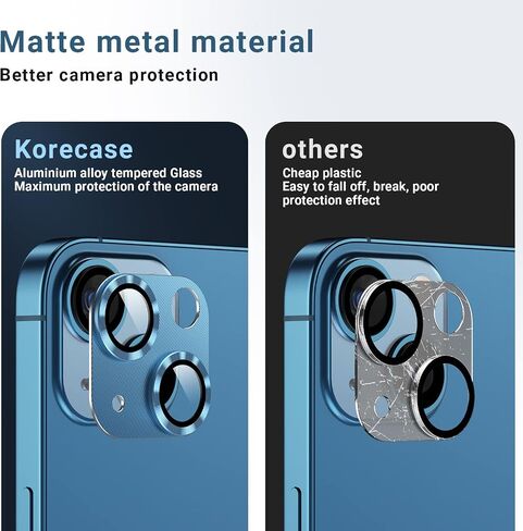 Korecase [عبوة من قطعتين] مصممة لهاتف iPhone 13 / iPhone 13 Mini واقي عدسة الكاميرا من الزجاج المقوى، غطاء كاميرا معدني من الألومنيوم ثلاثي الأبعاد بصلابة 9H، حافظة قوية الالتصاق، أسود منتصف الليل in Kuwait