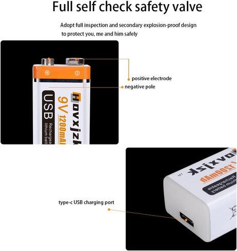 USB 9V Rechargeable Battery, USB Quick Charge in 1.5 Hours, High Capacity 1200mAh Square Lithium Batteries with Type C Port Cable (2-Packs) in Saudi Arabia