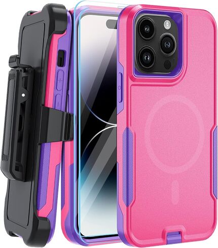 حافظة مغناطيسية 5 في 1 مصممة لهاتف iPhone 14 Pro، حافظة بمشبك حزام شديد التحمل، مع واقي شاشة من الزجاج المقوى (قطعتان)، حافظة هاتف لهاتف iPhone 14 Pro (مغناطيسي، وردي) in Kuwait