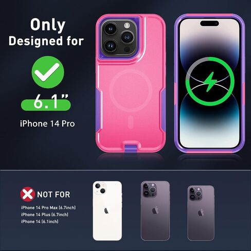 حافظة مغناطيسية 5 في 1 مصممة لهاتف iPhone 14 Pro، حافظة بمشبك حزام شديد التحمل، مع واقي شاشة من الزجاج المقوى (قطعتان)، حافظة هاتف لهاتف iPhone 14 Pro (مغناطيسي، وردي) in Kuwait