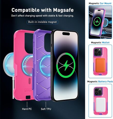 حافظة مغناطيسية 5 في 1 مصممة لهاتف iPhone 14 Pro، حافظة بمشبك حزام شديد التحمل، مع واقي شاشة من الزجاج المقوى (قطعتان)، حافظة هاتف لهاتف iPhone 14 Pro (مغناطيسي، وردي) in Kuwait