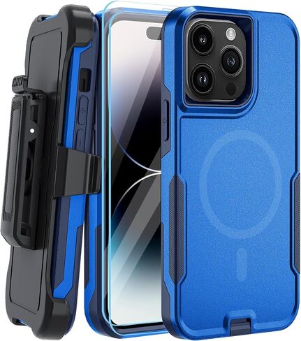 حافظة مغناطيسية 5 في 1 مصممة لهاتف iPhone 14 Pro، حافظة بمشبك حزام شديد التحمل، مع واقي شاشة من الزجاج المقوى (قطعتان)، حافظة هاتف لهاتف iPhone 14 Pro (مغناطيسي، وردي) in Kuwait