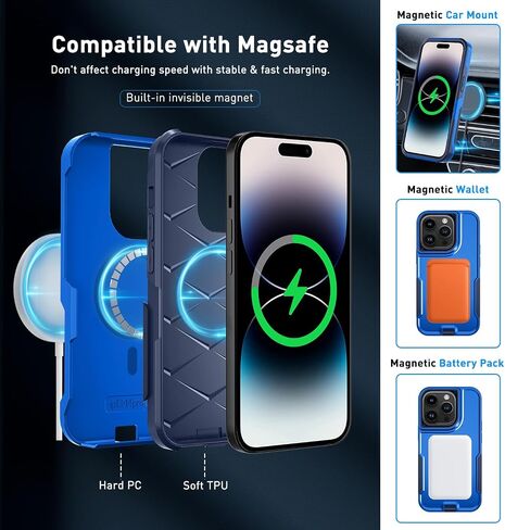 حافظة مغناطيسية 5 في 1 مصممة لهاتف iPhone 14 Pro، حافظة بمشبك حزام شديد التحمل، مع واقي شاشة من الزجاج المقوى (قطعتان)، حافظة هاتف لهاتف iPhone 14 Pro (مغناطيسي، وردي) in Kuwait