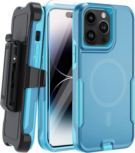 حافظة مغناطيسية 5 في 1 مصممة لهاتف iPhone 14 Pro، حافظة بمشبك حزام شديد التحمل، مع واقي شاشة من الزجاج المقوى (قطعتان)، حافظة هاتف لهاتف iPhone 14 Pro (مغناطيسي، وردي) in Kuwait