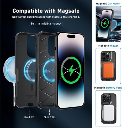 حافظة مغناطيسية 5 في 1 مصممة لهاتف iPhone 14 Pro، حافظة بمشبك حزام شديد التحمل، مع واقي شاشة من الزجاج المقوى (قطعتان)، حافظة هاتف لهاتف iPhone 14 Pro (مغناطيسي، وردي) in Kuwait