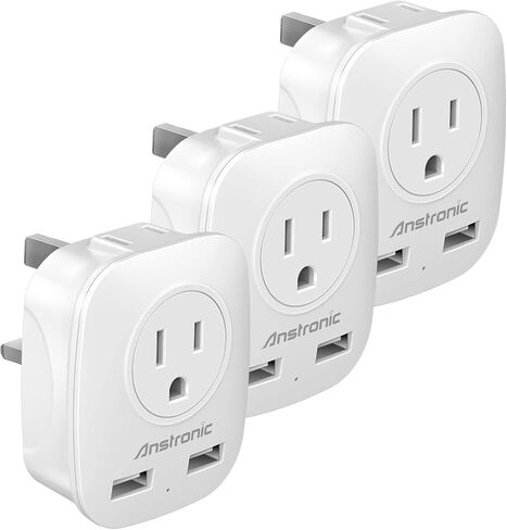 3 Pack US to UK Ireland Travel Plug Adapter, Anstronic International Power Adaptor with 2 USB, 4 in 1 Type G Power Outlet Adaptor for USA to England Kenya Dubai Irish Scotland in Saudi Arabia
