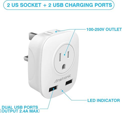 3 Pack US to UK Ireland Travel Plug Adapter, Anstronic International Power Adaptor with 2 USB, 4 in 1 Type G Power Outlet Adaptor for USA to England Kenya Dubai Irish Scotland in Saudi Arabia