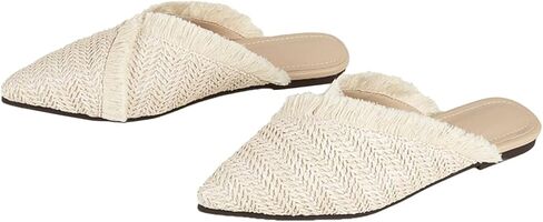 QEOSNBX Women'S Fringe Straw Flat Mules Closed Pointed Toe Slip-On Breathable Comfortable Walking Slipper Slide For Work Walking Casual Sandals in Saudi Arabia
