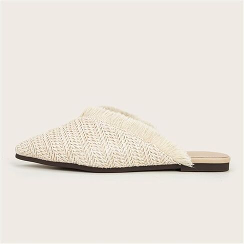 QEOSNBX Women'S Fringe Straw Flat Mules Closed Pointed Toe Slip-On Breathable Comfortable Walking Slipper Slide For Work Walking Casual Sandals in Saudi Arabia