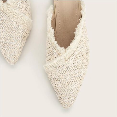 QEOSNBX Women'S Fringe Straw Flat Mules Closed Pointed Toe Slip-On Breathable Comfortable Walking Slipper Slide For Work Walking Casual Sandals in Saudi Arabia