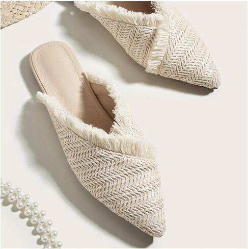 QEOSNBX Women'S Fringe Straw Flat Mules Closed Pointed Toe Slip-On Breathable Comfortable Walking Slipper Slide For Work Walking Casual Sandals in Saudi Arabia