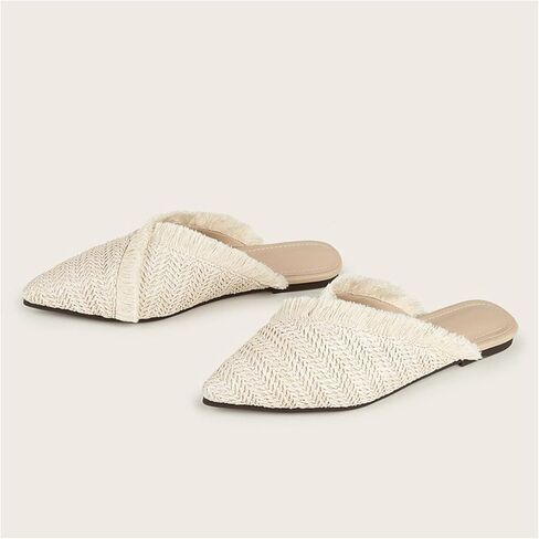 QEOSNBX Women'S Fringe Straw Flat Mules Closed Pointed Toe Slip-On Breathable Comfortable Walking Slipper Slide For Work Walking Casual Sandals in Saudi Arabia