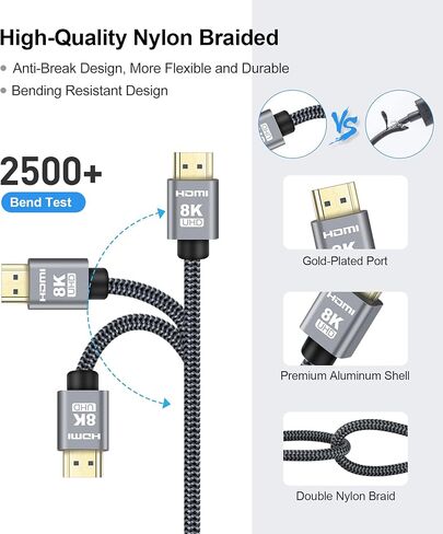 avedio links 8K HDMI Cable 6ft 3 Pack Ultra High Speed ​​HDMI Cable 48Gbps HDMI 2.1 Cable متين نايلون مضفر، 8K @ 60 هرتز، Dynamic HDR، Doby Atmos، 4K HDCP 2.2 HDMI Cable for PS5، TV، Xbox، Monitor in Kuwait
