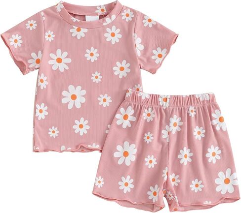 Toddler Baby Girl Summer Outfit Floral Print Crew Neck Short Sleeve T-Shirts Tops and Shorts 2Pcs Clothes Set in Saudi Arabia