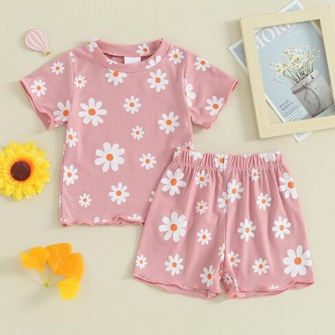 Toddler Baby Girl Summer Outfit Floral Print Crew Neck Short Sleeve T-Shirts Tops and Shorts 2Pcs Clothes Set in Saudi Arabia