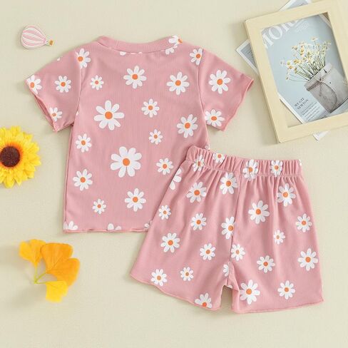 Toddler Baby Girl Summer Outfit Floral Print Crew Neck Short Sleeve T-Shirts Tops and Shorts 2Pcs Clothes Set in Saudi Arabia