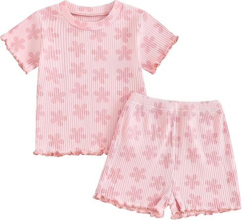 Toddler Baby Girl Summer Outfit Floral Print Crew Neck Short Sleeve T-Shirts Tops and Shorts 2Pcs Clothes Set in Saudi Arabia