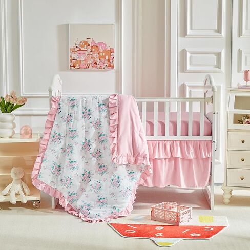 طقم سرير أطفال مكشكش من القطن مكون من 3 قطع لحاف مبطن بالزهور مع ملاءة جاهزة وتنورة سرير - زهور أرجوانية وصفراء - طقم سرير أطفال أبيض أنيق مكشكش لطيف على شكل زهرة بيضاء بطانية ناعمة للفتيات in Kuwait