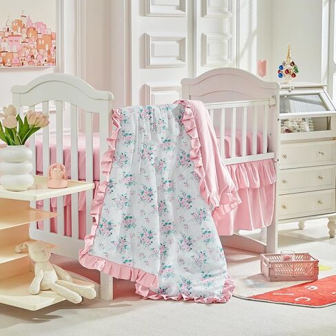 طقم سرير أطفال مكشكش من القطن مكون من 3 قطع لحاف مبطن بالزهور مع ملاءة جاهزة وتنورة سرير - زهور أرجوانية وصفراء - طقم سرير أطفال أبيض أنيق مكشكش لطيف على شكل زهرة بيضاء بطانية ناعمة للفتيات in Kuwait