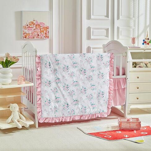 طقم سرير أطفال مكشكش من القطن مكون من 3 قطع لحاف مبطن بالزهور مع ملاءة جاهزة وتنورة سرير - زهور أرجوانية وصفراء - طقم سرير أطفال أبيض أنيق مكشكش لطيف على شكل زهرة بيضاء بطانية ناعمة للفتيات in Kuwait