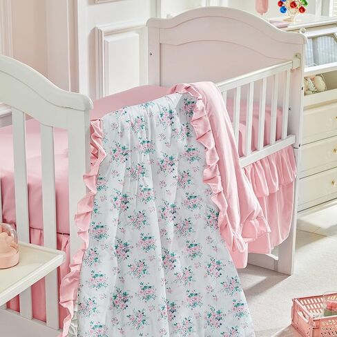 طقم سرير أطفال مكشكش من القطن مكون من 3 قطع لحاف مبطن بالزهور مع ملاءة جاهزة وتنورة سرير - زهور أرجوانية وصفراء - طقم سرير أطفال أبيض أنيق مكشكش لطيف على شكل زهرة بيضاء بطانية ناعمة للفتيات in Kuwait