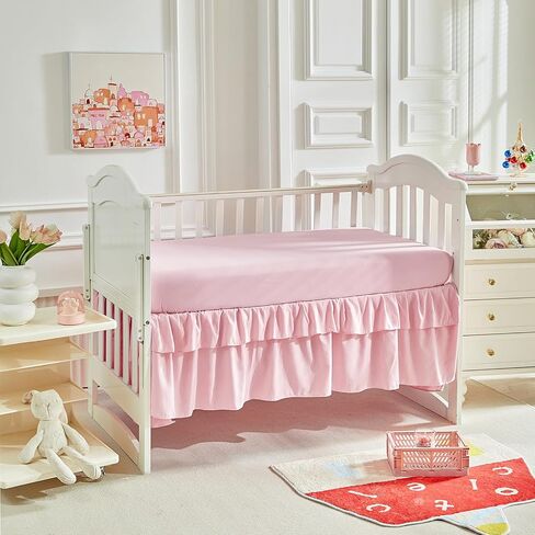 طقم سرير أطفال مكشكش من القطن مكون من 3 قطع لحاف مبطن بالزهور مع ملاءة جاهزة وتنورة سرير - زهور أرجوانية وصفراء - طقم سرير أطفال أبيض أنيق مكشكش لطيف على شكل زهرة بيضاء بطانية ناعمة للفتيات in Kuwait