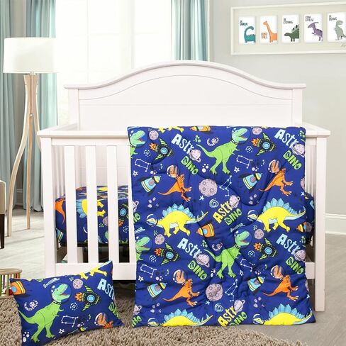 UOMNY Crib Bedding Sets for Boys 3 Piece Dinosaur Space Baby Nursery Bedding Sets Toddler Pillowcase Crib Comforter and Fitted Crib Sheet Kids Bedding Set Blue in Saudi Arabia
