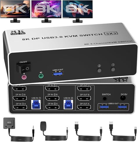 8K @ 60 هرتز KVM Switch 3 شاشات 2 جهاز كمبيوتر 4K @ 144 هرتز، Displayport KVM Switch شاشة ثلاثية لجهازي كمبيوتر مشاركة 3 شاشات، منفذ ميكروفون صوتي و3 أجهزة USB3.0، جهاز تحكم عن بعد سلكي ومحول طاقة 5 فولت in Kuwait