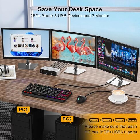 8K @ 60 هرتز KVM Switch 3 شاشات 2 جهاز كمبيوتر 4K @ 144 هرتز، Displayport KVM Switch شاشة ثلاثية لجهازي كمبيوتر مشاركة 3 شاشات، منفذ ميكروفون صوتي و3 أجهزة USB3.0، جهاز تحكم عن بعد سلكي ومحول طاقة 5 فولت in Kuwait