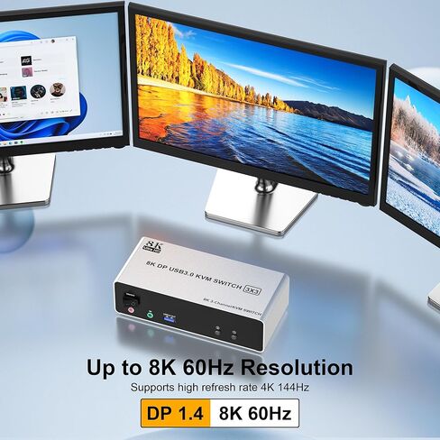 8K @ 60 هرتز KVM Switch 3 شاشات 2 جهاز كمبيوتر 4K @ 144 هرتز، Displayport KVM Switch شاشة ثلاثية لجهازي كمبيوتر مشاركة 3 شاشات، منفذ ميكروفون صوتي و3 أجهزة USB3.0، جهاز تحكم عن بعد سلكي ومحول طاقة 5 فولت in Kuwait