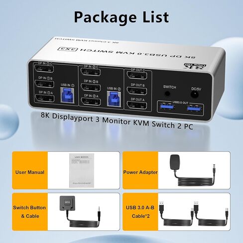 8K @ 60 هرتز KVM Switch 3 شاشات 2 جهاز كمبيوتر 4K @ 144 هرتز، Displayport KVM Switch شاشة ثلاثية لجهازي كمبيوتر مشاركة 3 شاشات، منفذ ميكروفون صوتي و3 أجهزة USB3.0، جهاز تحكم عن بعد سلكي ومحول طاقة 5 فولت in Kuwait