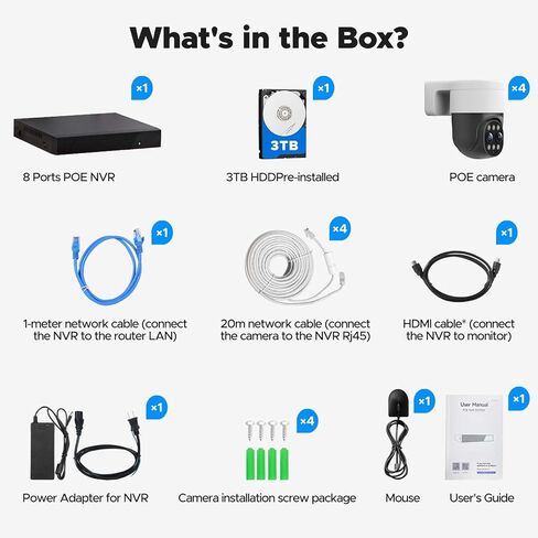 CAMCAMP 4K PoE PTZ Security Camera System, 4X 2.5K Wired PoE IP Surveillance Cameras with Dual-Lens, 10X Hybrid Zoom Auto Tracking, 2-Way Audio, 8CH NVR with 3TB HDD for 24/7 Recording in Kuwait