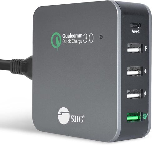 شاحن SIIG USB C 5 منافذ 45 وات مع شحن سريع 3.0، USB Type C & QC 3.0 محطة شحن سطح المكتب بالإضافة إلى حامل منظم للهاتف / الكمبيوتر اللوحي - أسود AC-PW1714-S1 in Saudi Arabia