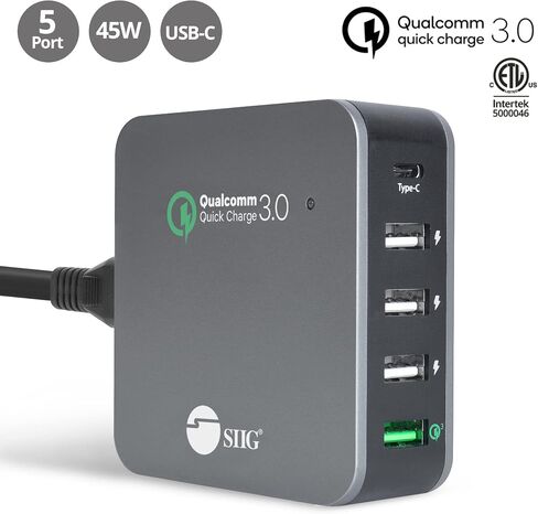 شاحن SIIG USB C 5 منافذ 45 وات مع شحن سريع 3.0، USB Type C & QC 3.0 محطة شحن سطح المكتب بالإضافة إلى حامل منظم للهاتف / الكمبيوتر اللوحي - أسود AC-PW1714-S1 in Saudi Arabia