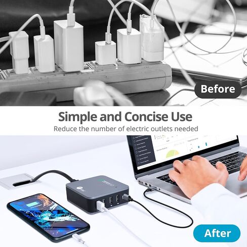 شاحن SIIG USB C 5 منافذ 45 وات مع شحن سريع 3.0، USB Type C & QC 3.0 محطة شحن سطح المكتب بالإضافة إلى حامل منظم للهاتف / الكمبيوتر اللوحي - أسود AC-PW1714-S1 in Saudi Arabia