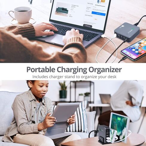 شاحن SIIG USB C 5 منافذ 45 وات مع شحن سريع 3.0، USB Type C & QC 3.0 محطة شحن سطح المكتب بالإضافة إلى حامل منظم للهاتف / الكمبيوتر اللوحي - أسود AC-PW1714-S1 in Saudi Arabia