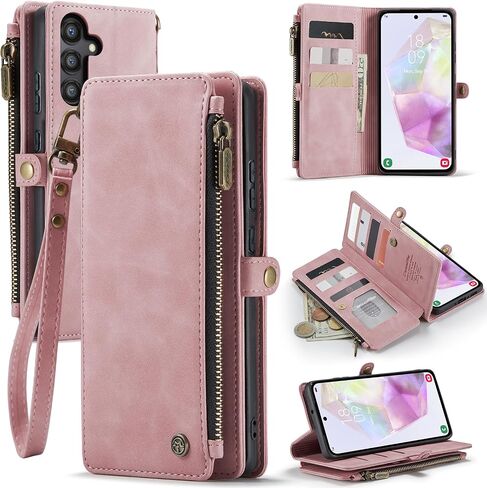 Defencase for Samsung Galaxy A35 5G Case, RFID Blocking for Samsung A35 5G Case Wallet with Card Holder for Women Men, PU Leather Magnetic Flip Zipper Strap Phone Case for Galaxy A35 5G, Rose Pink in Kuwait