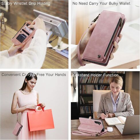 Defencase for Samsung Galaxy A35 5G Case, RFID Blocking for Samsung A35 5G Case Wallet with Card Holder for Women Men, PU Leather Magnetic Flip Zipper Strap Phone Case for Galaxy A35 5G, Rose Pink in Kuwait