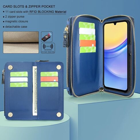 Harryshell Compatible with Samsung Galaxy A15 5G Case Wallet Detachable Phone Cover Dual Zipper [Multi Card Slots] with [Theft-Scan Blocking] Crossbody Wrist Strap (Crocodile Black) in Saudi Arabia